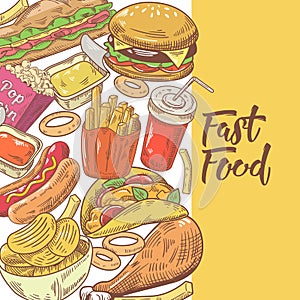 Fast Food Hand Drawn Design with Burger, Fries and Sandwich. Unhealthy Eating