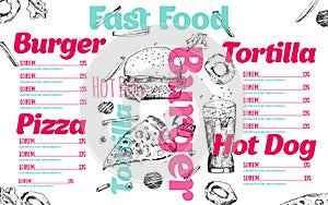 Fast food hand drawn menu vector illustration. Template design for restaurant, cafe with pizza slice, burger, hot dog
