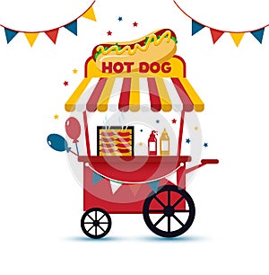 Fast food hot dog cart and street hot dog cart. Hot dog cart street food market, hot dog cart stand vendor service