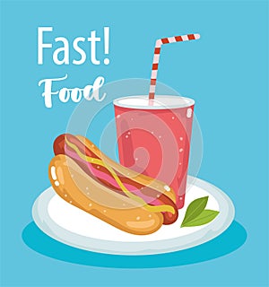 Fast food hot dog and soda menu restaurant unhealthy, poster hand drawn lettering