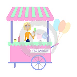 Fast food ice cream cart, vector cartoon set isolated on a white background.