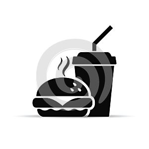 Fast food icon burger and drink, vector isolated black sign