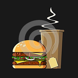 Fast food icon. Flat style. Colorful vector illustration on a dark background. Tea in paper cup and meat burger with