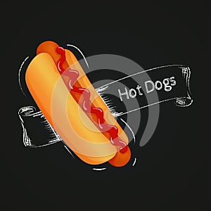 Fast food icon. Hot dog with ketchup with outline and ribbon drawn with chalk on a blackboard.