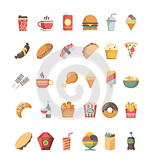 Fast food icon. Junk food trash unhealthy products burger hotdog drinks pizza barbecue fried crispy vector symbols