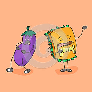 Fast food icon. Laughing eggplant and song sandwich.