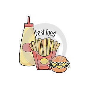 Fast food icon. Potatoes french fries, burger, sauce. Meal of Fast food Isolated, white background