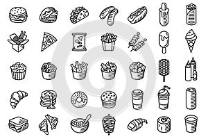 Fast food icon set. Burger, hot dog, pizza and other food black vector isolated icons on white background.