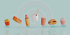 Fast food icon set. Fries potatoes, hot dog, French hot dog, ramen noodle soup, cola, burger and popcorn. 3d render