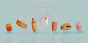 Fast food icon set. Fries potatoes, hot dog, French hot dog, ramen noodle soup, cola, burger and popcorn. 3d render