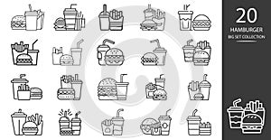 Fast food icon set. Hamburger, french fries and soft drink glass, Symbols of street food