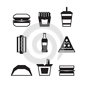 Fast food icon set - hamburger, pizza. Flat style. Black and white. Vector Illustration.