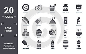 fast.food icon set. include creative elements as doughnut, cooking time, receipt, preparation, operator, sushi filled icons can be