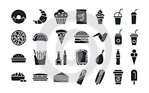 Fast food icon set. Isolated vector silhouettes