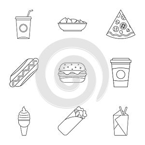 Fast food icon set, outline style