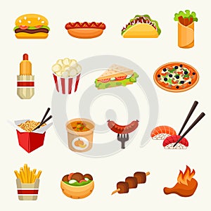 Fast food icon set. Vector Illustration