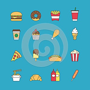 Fast food icon symbol set, Colorful flat design, Vector illustration.