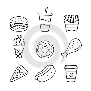 Fast food icon symbol set, Doodle simple draw style, Free hand outline design