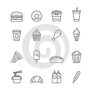 Fast food icon symbol set, Outline flat design on white background, Vector illustration.