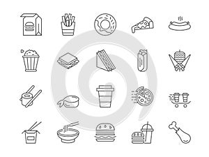 Fast food icon. Takeaway meal. Snack pictograms. Shawarma and sandwich. Delivery of wrap unhealthy burger or popcorn