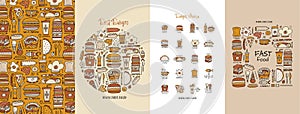 Fast food icons. Hamburger pizza sausages snacks sandwich ice cream. Food menu. Set of concept art for your design