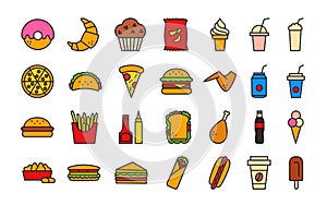 Fast food icons. Isolated line color icon set