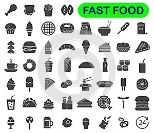 ast food icons, mono vector symbols. Dark icons on a white background. Fast street food