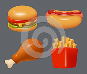 Fast food icons. Plasticine stylized objects french fries cafe food burgers decent vector cartoon 3d rendering icon