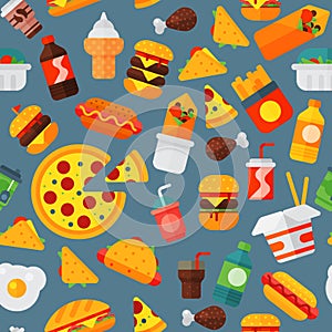 Fast food icons restaurant tasty cheeseburger meat and unhealthy meal vector illustration seamless pattern background