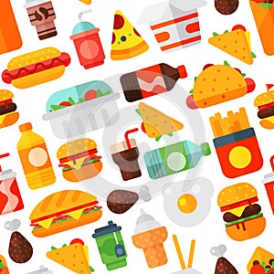Fast food icons restaurant tasty cheeseburger meat and unhealthy meal vector illustration seamless pattern background