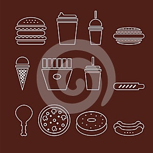 Fast food icons set for bistro, cafe. Contour vector isolated illustration.