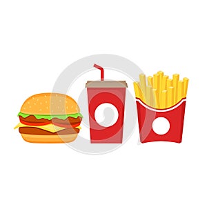 Fast food icons set. Burger, French fries in red paper box and Soda in red paper cup cartoon set.