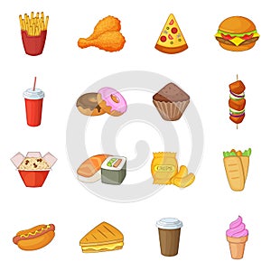 Fast food icons set, cartoon style