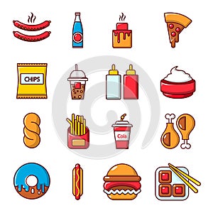 Fast food icons set, cartoon style