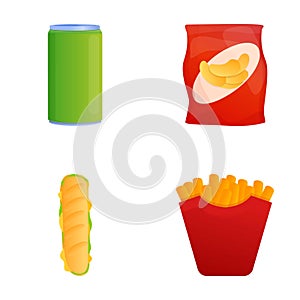 Fast food icons set cartoon vector. Fries potato hot dog chips and canned drink