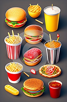 Fast food icons set with hamburger, french fries and soda drink isolated vector illustration