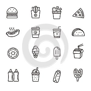 Fast food icons set. Line style of fast food icons