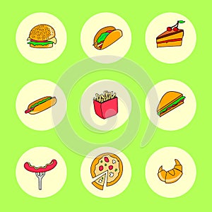 Fast food icons set for menu, cafe and restaurant. Flat design