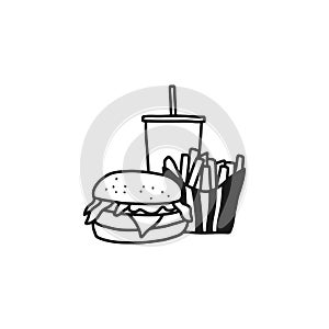 Fast food icons set outline doodle. Hand Drawn Vector Illustration.