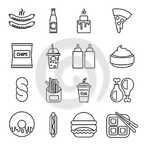 Fast food icons set, outline style