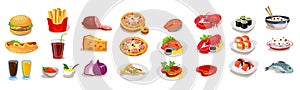 Fast food icons set. Vector food items on white background for menu or game design