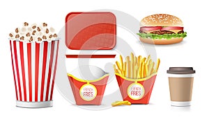 Fast Food Icons Set Vector. French Fries, Coffee, Hamburger, Cola, Tray Salver, Popcorn. Isolated On White Background