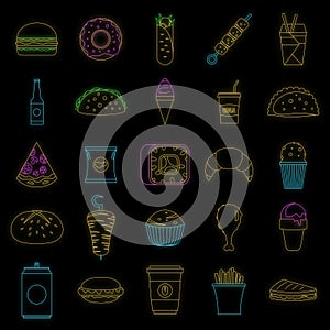 Fast food icons set vector neon