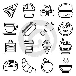 Fast Food Icons Set on White Background. Line Style Vector