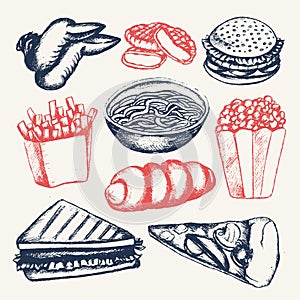 Fast food - illustration of color hand drawn vintage composition