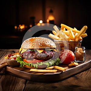 fast food includes hamburger, fries, and ketchup on wooden table