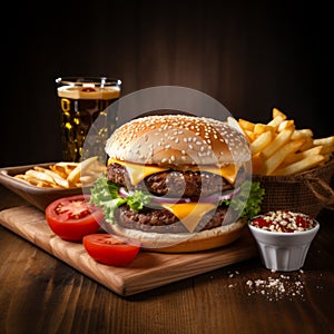 fast food includes hamburger, fries, and ketchup on wooden table