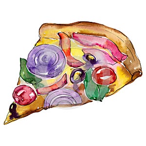 Fast food itallian pizza set. Watercolor background illustration set. Isolated pizza illustration element.
