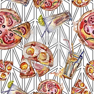 Fast food itallian pizza tasty food. Watercolor background illustration set. Seamless background pattern.