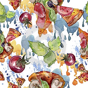 Fast food itallian pizza tasty food. Watercolor background illustration set. Seamless background pattern.